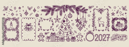 pine needle garland and xmas tree, aesthetic winter holiday doodles, hand drawn christmas tree sketches, creative holiday greenery line art, minimal winter season drawings, scrapbook holiday doodle se
