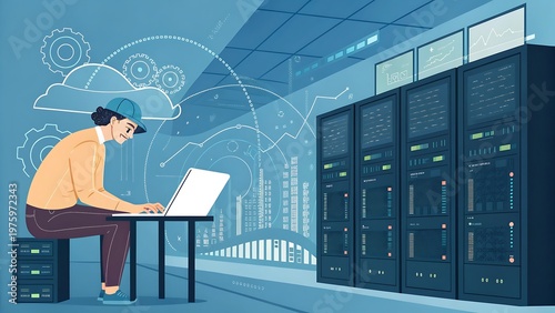 Person in Hat Working on Laptop in Data Center with Server Racks and Cityscape computer