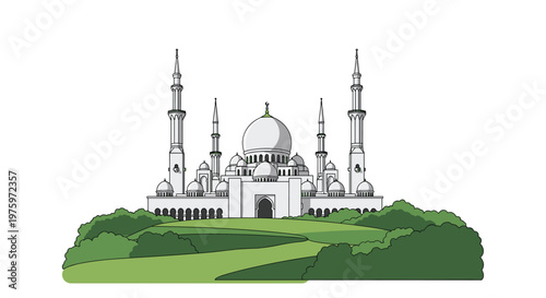 Magnificent white mosque architecture with multiple domes and tall minarets set within a lush green garden landscape.