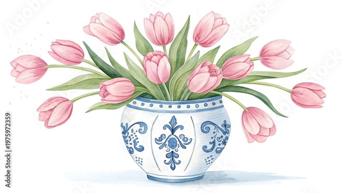 Pink Tulips in a Blue and White Porcelain Vase Watercolor Painting bouquet image