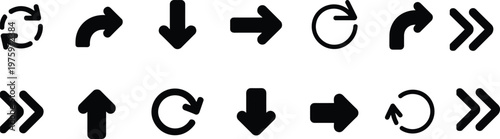 Collection of black arrow icons showing different directions and circular movements on white forward