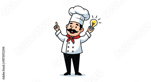 Professional chef character in a tall white hat and red scarf holding a glowing lightbulb to represent a bright new idea.