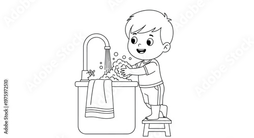 Young boy standing on a small stool washes his hands with soapy bubbles under a running faucet in the bathroom.