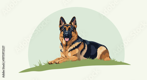 Loyal German Shepherd dog rests calmly on a patch of green grass against a soft circular background in nature.