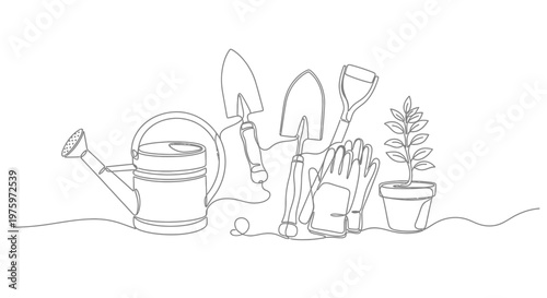 Gardening tools and plant pot.