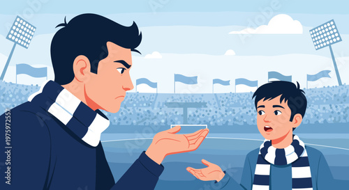 Frustrated man gestures while talking to a young boy during a sports match at a crowded stadium with bright lights.