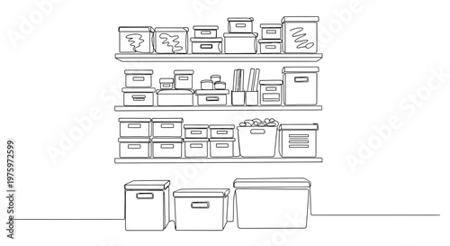 Storage containers on shelves and floor.