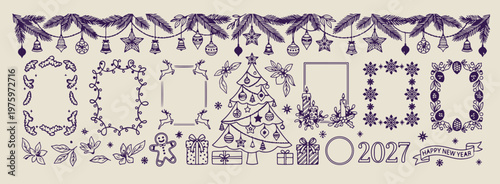 winter holiday frame and tree, aesthetic christmas border sketches, hand drawn xmas tree art, creative winter season line art, minimal holiday frame doodles, scrapbook christmas element set, festive h