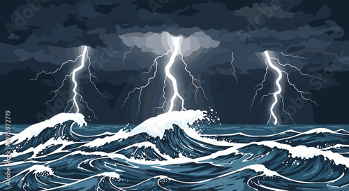 Dramatic scene of a powerful storm at sea with huge waves crashing under multiple lightning bolts in a dark night sky.