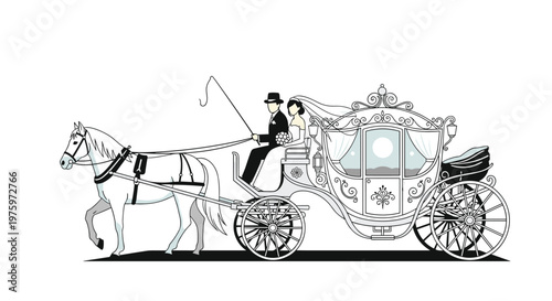 Elegant white wedding carriage pulled by a horse carries a bride and groom on their special romantic wedding day.