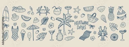 tropical island and cocktail icons, aesthetic summer holiday doodles, hand drawn palm tree sketches, creative beach vacation line art, minimal tropical drink drawings, scrapbook summer doodle set, bea
