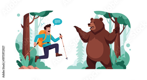 Scared hiker with a backpack and trekking poles jumps back in fear when encountering a large brown bear in the forest.