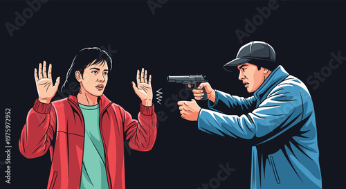 Tense scene of a man in a blue jacket holding a gun towards a woman who has her hands raised in fear in the dark sky.