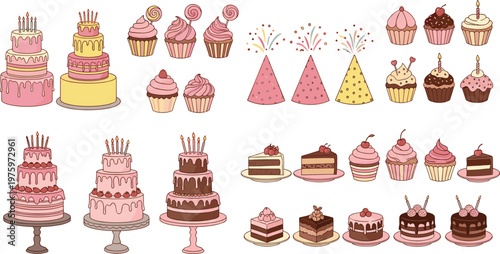 Birthday Cake and Cupcake Party Dessert Collection with Sweet Bakery Treats, Celebration Pastries, and Festive Food Elements for Event Designs