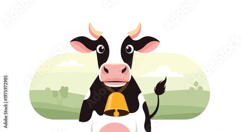 Friendly black and white spotted cow with a large golden bell around its neck stands in a lush green pasture field.