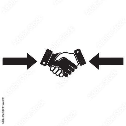 Two black arrows pointing towards a handshake symbolizing business agreement and partnership