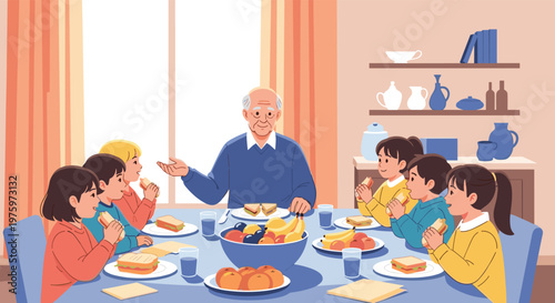 Kind grandfather shares a meal and stories with five happy children at a dining table filled with sandwiches and fruit.