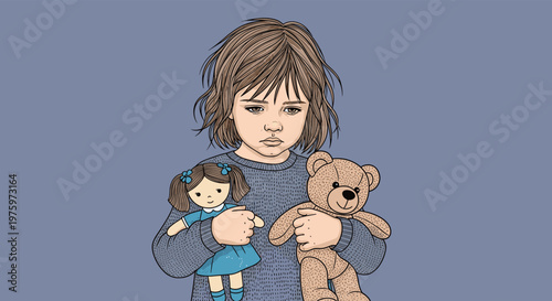 Lonely young girl with messy hair holds a doll and a teddy bear while looking down with a sad and pensive expression.