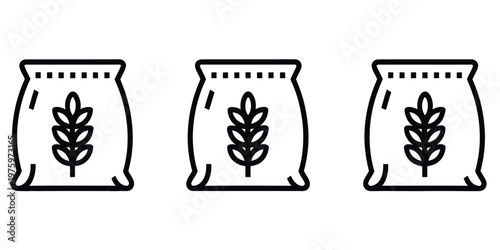 Vector illustration of wheat bag icons, three variations, representing agriculture, harvest, farming, grain storage, cereal crops, and flour production.