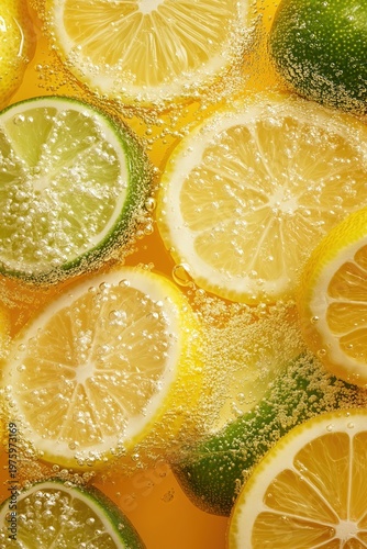 Foto Refreshing close up of fresh lemon and lime slices in sparkling carbonated water with bubbles for beverage advertising and summer marketing