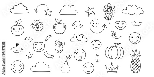 Whimsical doodle collection fruits vegetables clouds and happy faces