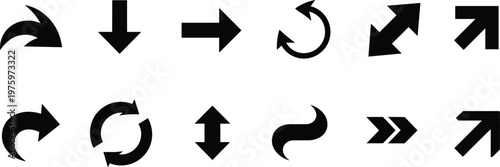 Set of black arrow icons in various directions and styles on white background arrows