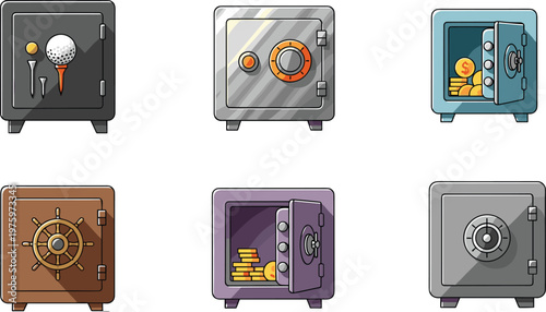 Secure Safe Vault Collection with Money, Gold, and Lock Mechanisms for Banking, Finance, and Protection Vector Illustration Designs