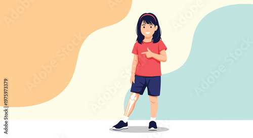 Smiling young girl in a red shirt and shorts proudly shows her prosthetic leg against a colorful abstract background.