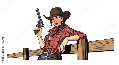 Confident cowgirl in a plaid shirt and hat leans against a wooden fence while holding a revolver in the desert.