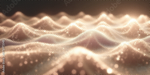 Abstract gold cg wave texture with glowing defocused particles. Cyber or technology digital landscape background. 3d rendering