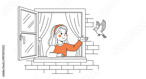 Happy young girl opens her window to greet a flying bird in the morning with a bright and cheerful smile.