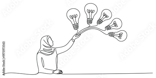 A continuous line drawing of a woman wearing a hijab holding a cluster of five glowing light bulbs