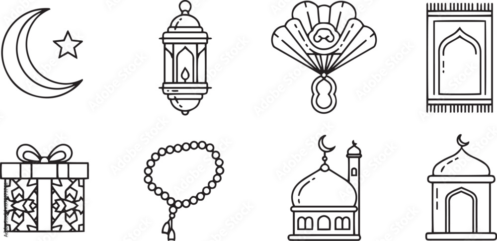 Naklejka premium Black and white islamic including mosque lantern gift and rosary muslim crescent moon