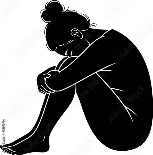 Depressed Woman Silhouette Sitting in Fetal Position Feeling Lonely Sad and Stressed Illustrating Mental Health Issues Anxiety Grief and Loneliness.