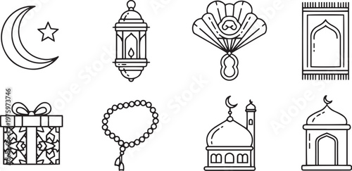 Black and white islamic including mosque lantern gift and rosary muslim crescent moon