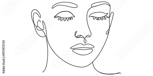 Minimalist continuous line drawing of a serene woman face with closed eyes and elegant features