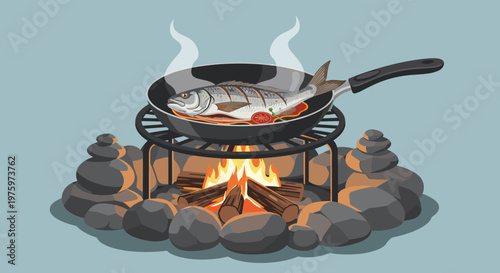 Fresh whole fish sizzling in a frying pan over a crackling campfire surrounded by river stones for an outdoor wilderness cooking experience.
