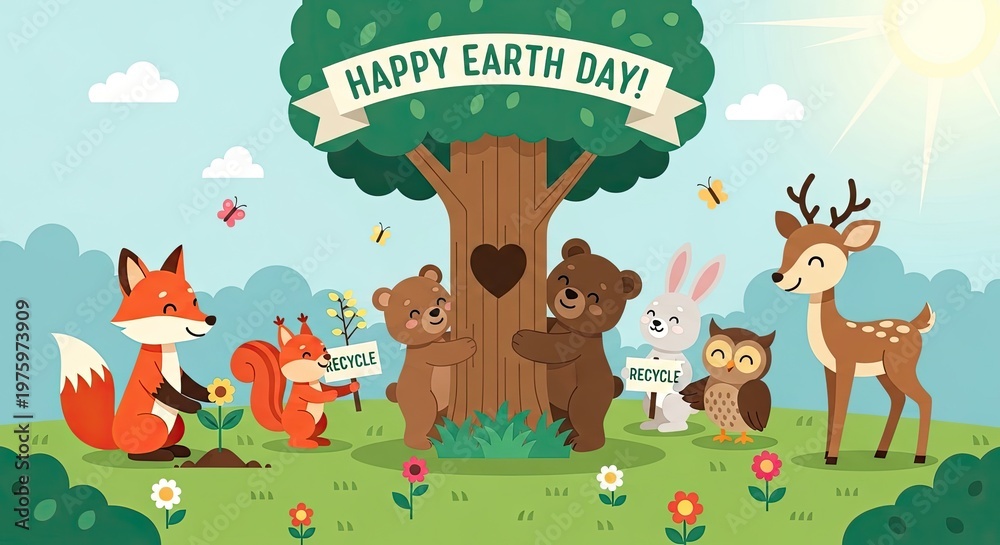 Fototapeta premium Happy earth day celebrating nature with adorable forest animals and a lush green tree