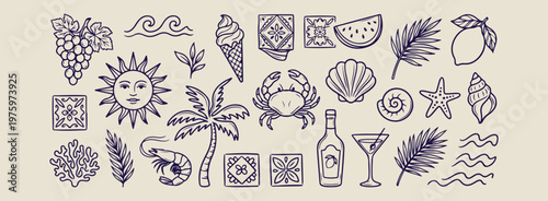 summer beach and crab doodles, aesthetic ocean vacation sketches, hand drawn crab and palm art, creative tropical holiday line art, minimal sea life icons, scrapbook beach travel elements, summer beac