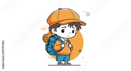 Melancholy little boy wearing an orange cap and sweater carrying a heavy blue school backpack while standing against a circular background.