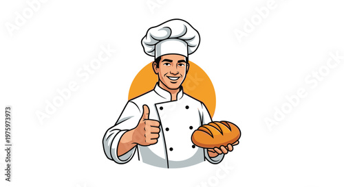 Friendly professional baker wearing a white chef uniform and hat holding a fresh loaf of bread while giving a positive thumbs up sign.