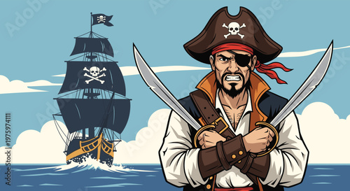 Fierce pirate captain with an eye patch crossing two cutlass swords in front of a large black sailing ship with skull and crossbones flags.