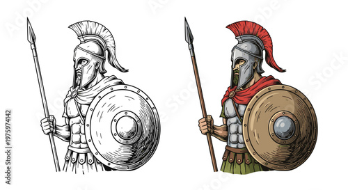 Detailed illustration of an ancient spartan or roman warrior wearing a plumed helmet and holding a spear and a large circular metal shield.