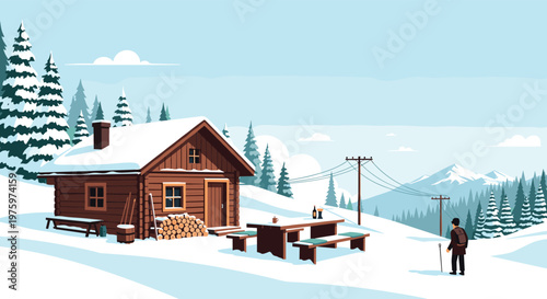 Peaceful winter scene featuring a wooden log cabin in the snowy mountains with a hiker walking through the deep snow nearby.