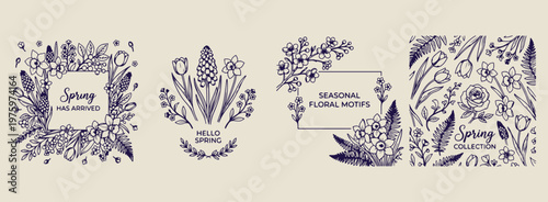 seasonal floral motif drawings, aesthetic botanical garden doodles, hand drawn spring flower sketches, creative floral border line art, minimal nature plant icons, scrapbook botanical element set, ele