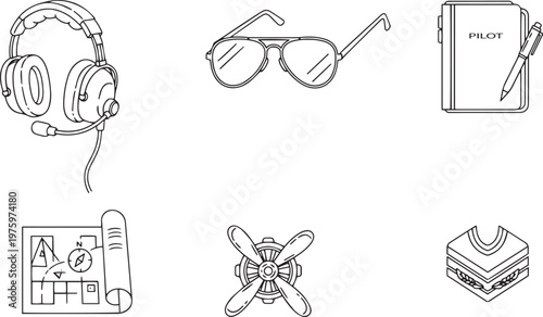 Black and white line of pilot accessories and symbols aviation headphones sunglasses notebook