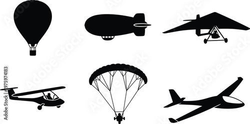 Air transport silhouette vector icon set featuring hot air balloon blimp hang glider airplane and parachute isolated on white background