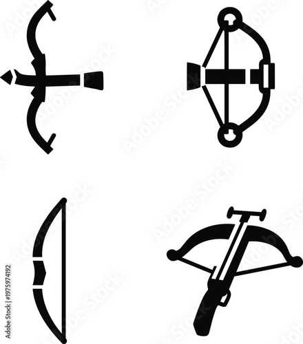 Archery bow crossbow silhouette vector icon collection featuring hunting bow crossbow weapon arrows and shooting equipment arranged in grid layout isolated on white background