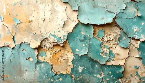 Close-up of peeling paint on a weathered wall, showing texture and color variations.
