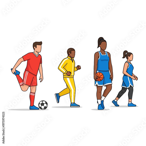 Diverse Athletes Warming Up: Soccer, Running, Basketball Illustration